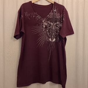 BRAD BUTTER Purple Double Horse Screen Graphic V Neck T Shirt  Mens SZ M